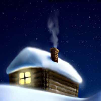 Одинокий домик зимней ночью в лесу.
