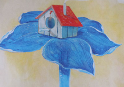 Натали Ратковски. Рисунок "Птичий домик на цветке".