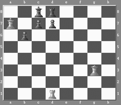 Шахматный десерт. Мат в два хода. Белые: Крa7, Фg3, Лd1. Черные: Крc8, Лd8, пп b6, c7, d7. Решение: 1. Фd6!