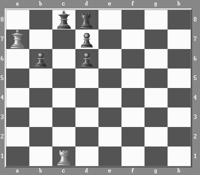 Шахматный десерт. Мат в два хода. Белые: Крa7, Фg3, Лd1. Черные: Крc8, Лd8, пп b6, c7, d7. Решение: 1. Фd6! cd 2.Лc1X