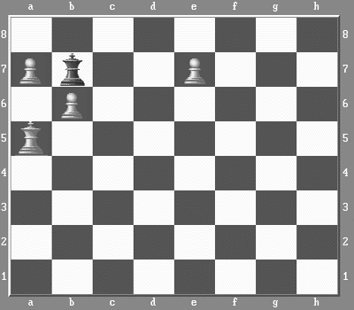 Белые: Крa5, пп.a7, b6, e7. Черные: Крb7. Белые начинают и дают мат в два хода.