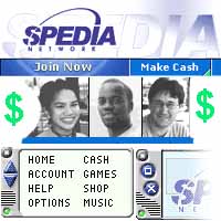 Вьюбар компании Spedia. Три портрета счастливых участников добычи денег онлайн. Стандартные рекламные призывы: "Вступайте сейчас. Делайте деньги".